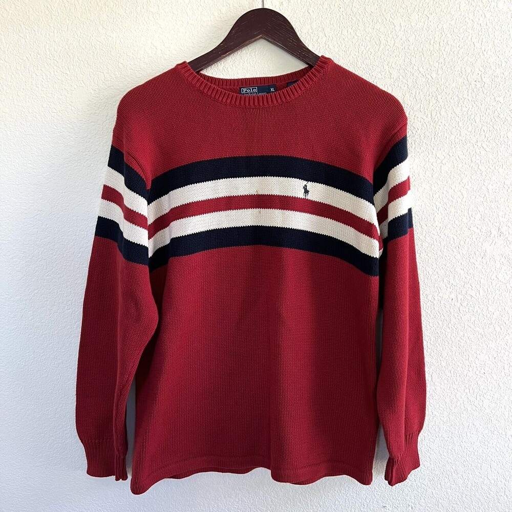 Polo Ralph Lauren Womens Knit Striped Sweater Size XL Made in Japan Red